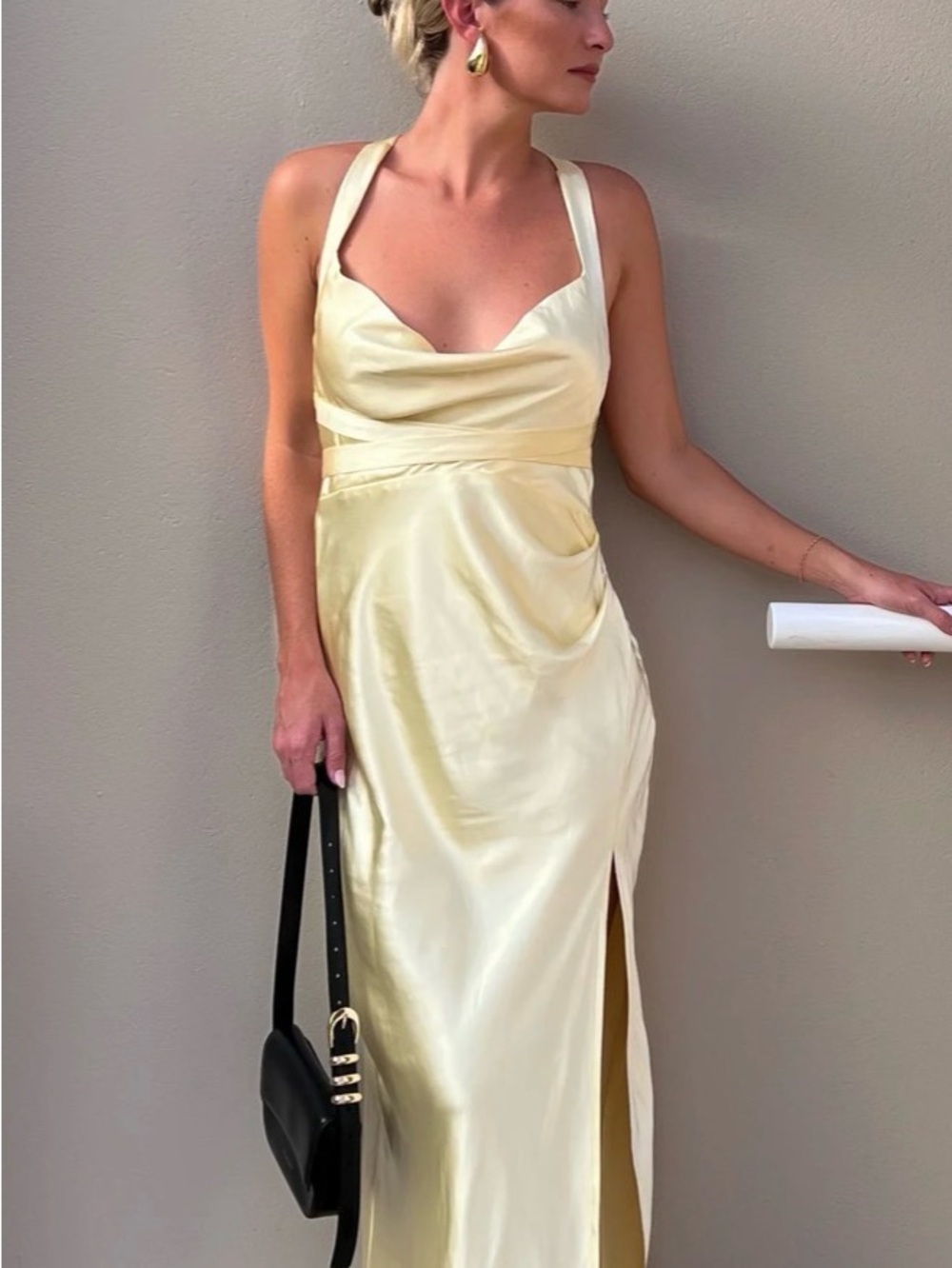 Billy J Butter Yellow Satin Cowl Neck Maxi Dress with Thigh Slit - Picture 2 of 5